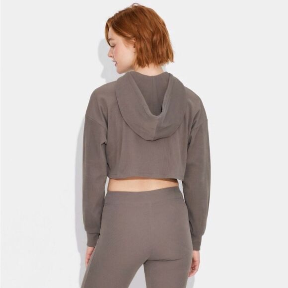 ☔️🩵NWT Gray Ribbed Zippered Crop Hoodie Sweatshirt Large - Picture 3 of 11